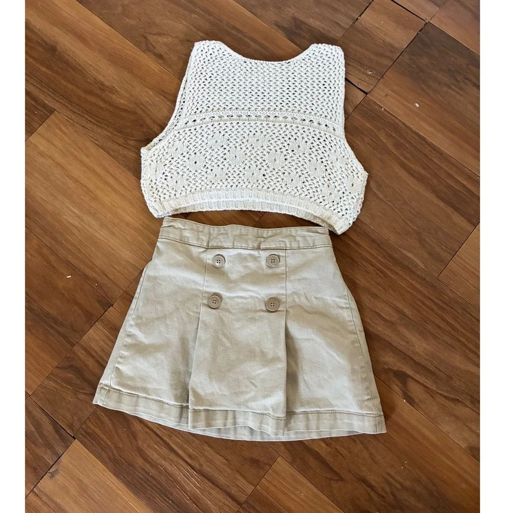 Old Navy Zara Girls Boho Crochet Crop Top and Khaki Button Skort Set Size 8 M
